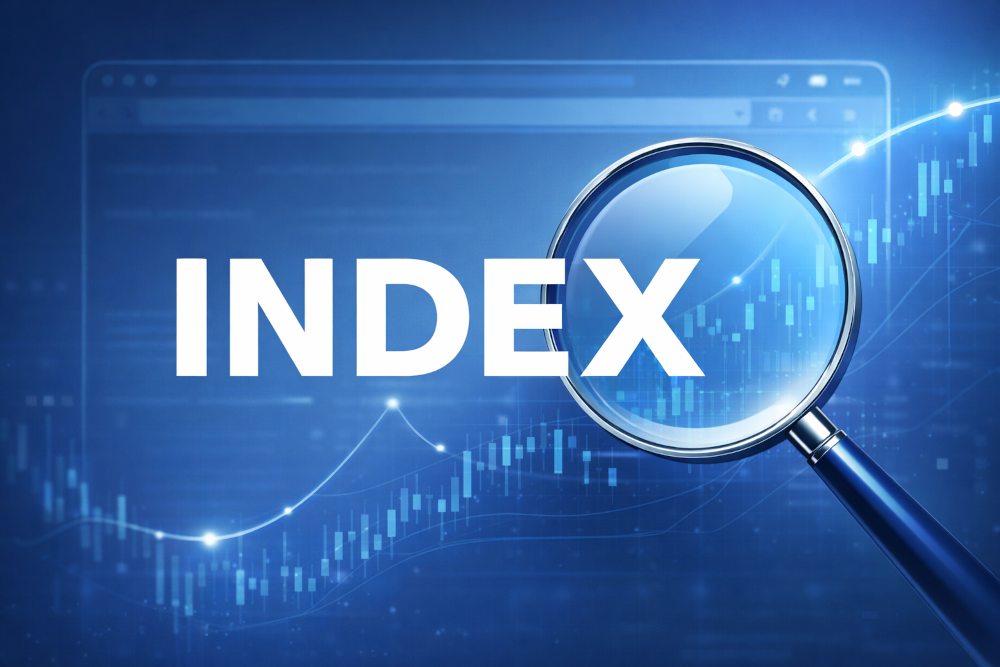 Ilustración con lupa y la palabra INDEX representando la indexación en Google